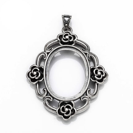 Antique Floral Pendant with Oval Bezel Mounting and Bail in Sterling Silver 18x24mm