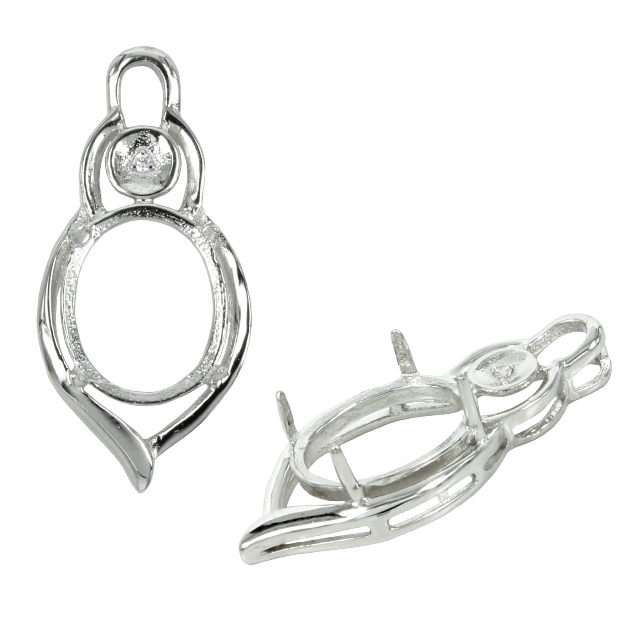 Pendant with Cubic Zirconia Inlays and Oval Mounting and Bail in Sterling Silver 14mm x 27mm x 7mm