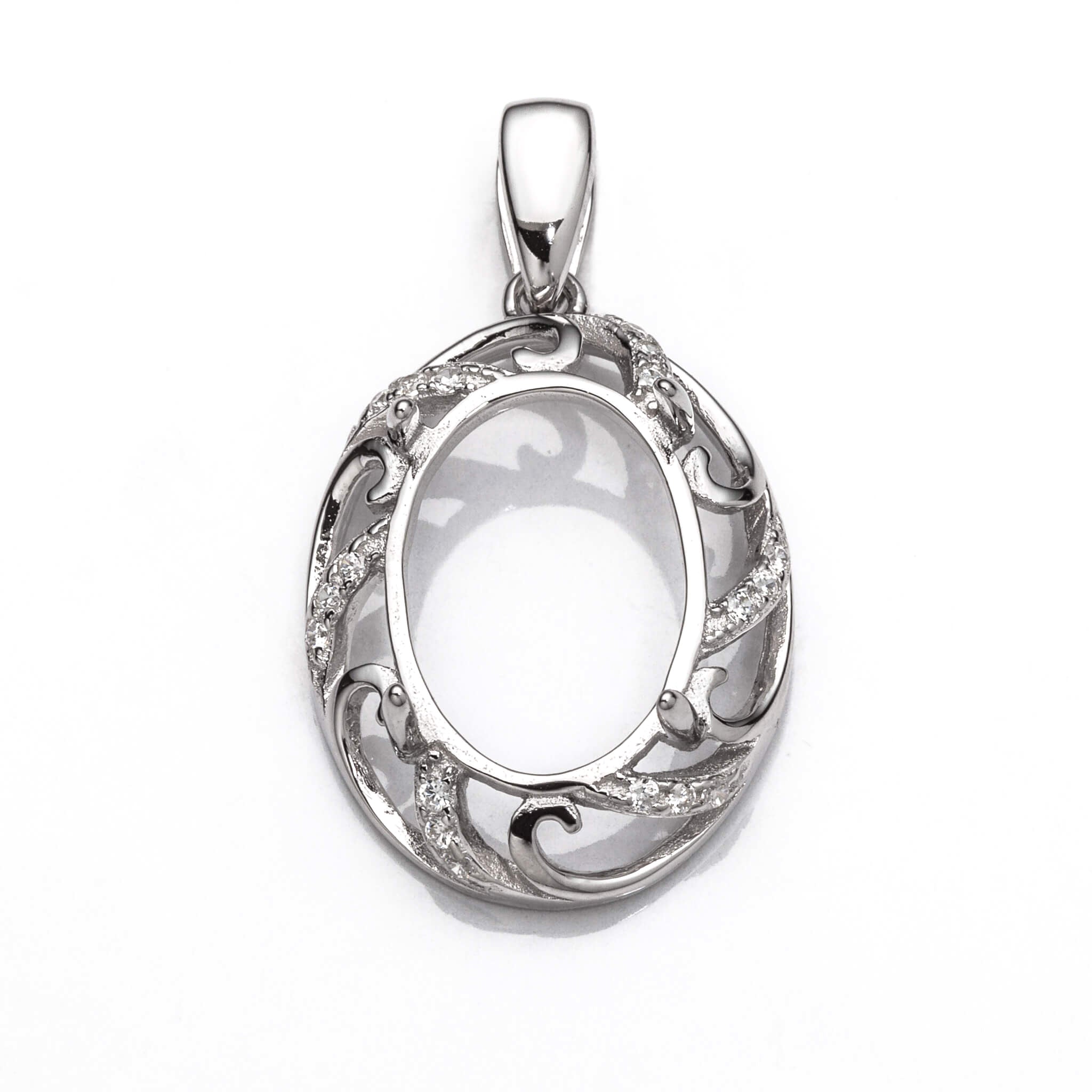 Oval Pendant with Cubic Zirconia Inlays and Oval Mounting and Bail in Sterling Silver 10x14mm