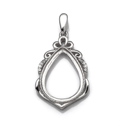 Pear Pendant with Cubic Zirconia Inlays and Pear Shape Bezel Mounting and Bail in Sterling Silver for 12x18mm Stones