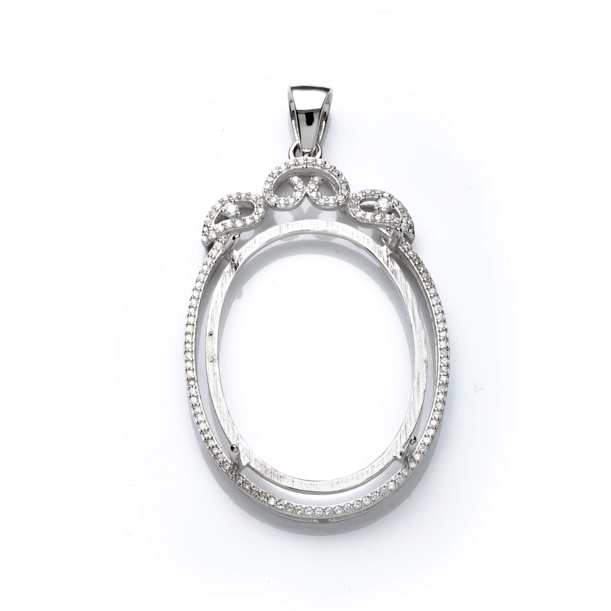 Pendant with Cubic Zirconia Inlays and Oval Mounting and Bail in Sterling Silver 29x39mm