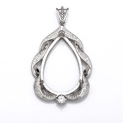 Pear Pendant with Cubic Zirconia Inlays and Pear Shape Mounting and Bail in Sterling Silver 24x36mm