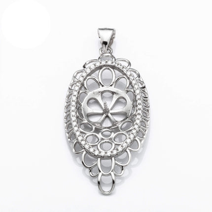 Oval Pendant with Cubic Zirconia Inlays and Cup and Peg Mounting and Bail in Sterling Silver 10mm