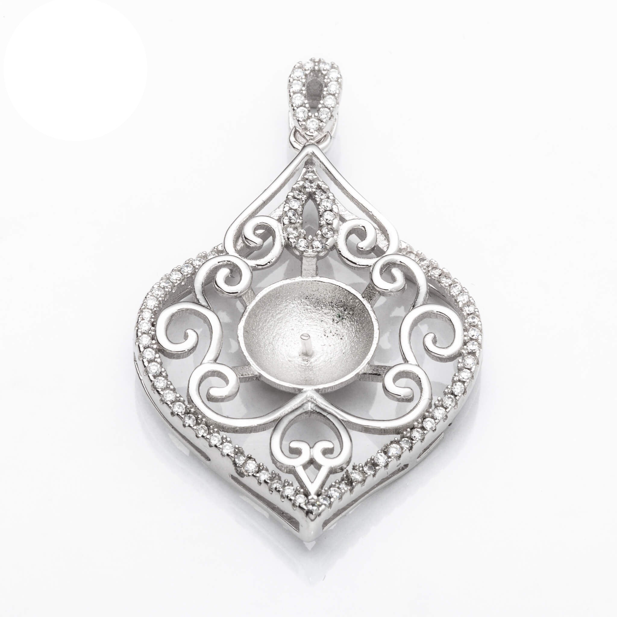 Heart Pendant with Cubic Zirconia Inlays and Cup and Peg Mounting and Bail in Sterling Silver 9mm