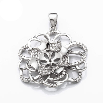 Flower Pendant with Cubic Zirconia Inlays and Cup and Peg Mounting and Bail in Sterling Silver 9mm