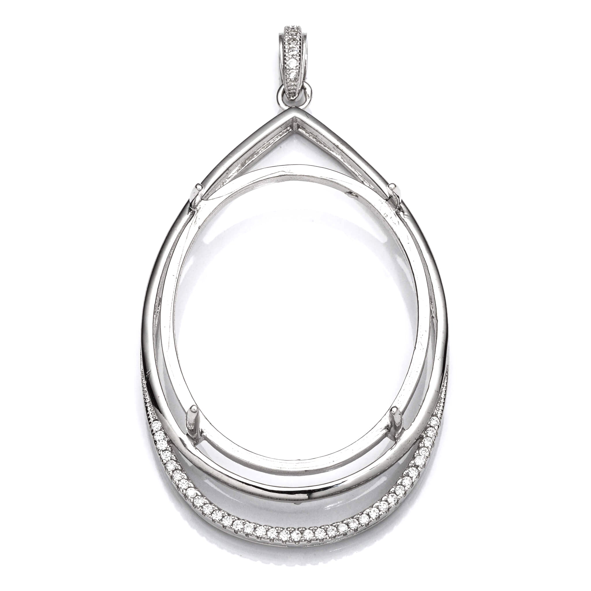 Pear Pendant with Cubic Zirconia Inlays and Oval Mounting and Bail in Sterling Silver