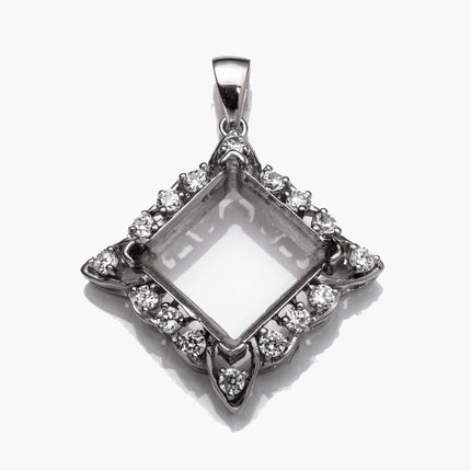 Pendant with Cubic Zirconia Inlays and Diamond Shape Mounting and Bail in Sterling Silver 14x14mm