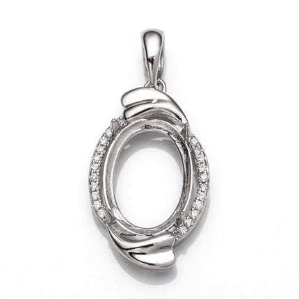 Oval Pendant with Cubic Zirconia Inlays and Oval Mounting and Bail in Sterling Silver 10x15mm