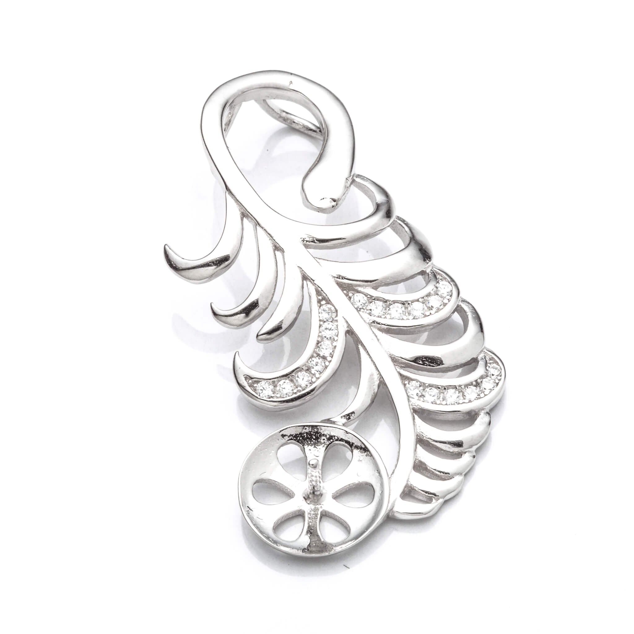 Feather Pendant with Cubic Zirconia Inlays and Cup and Peg Mounting in Sterling Silver 8mm