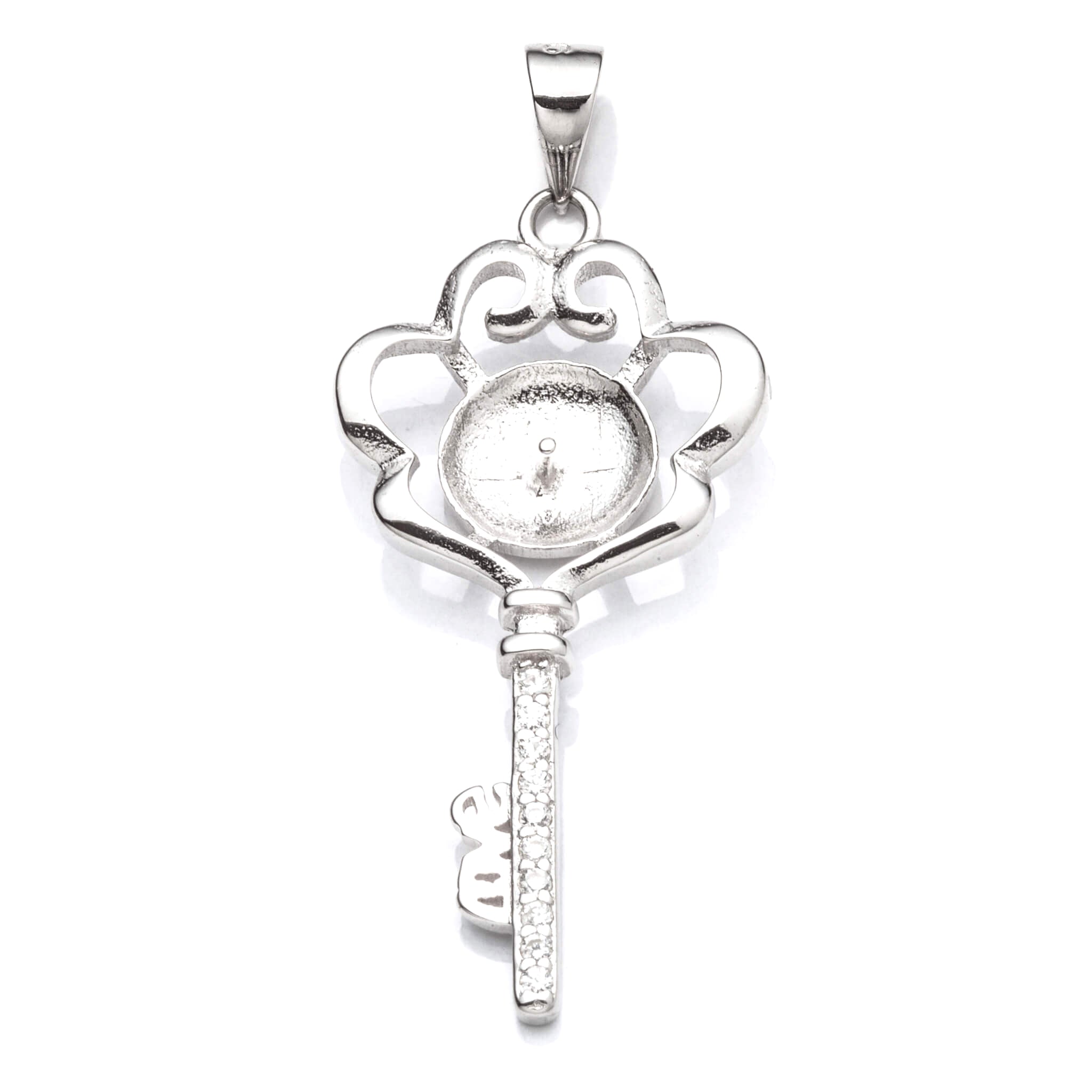 Key Pendant with Cubic Zirconia Inlays and Cup and Peg Mounting and Bail in Sterling Silver 6mm