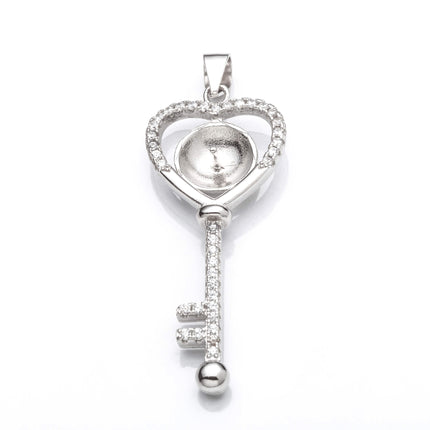 Key Pendant with Cubic Zirconia Inlays and Cup and Peg Mounting and Bail in Sterling Silver 8mm