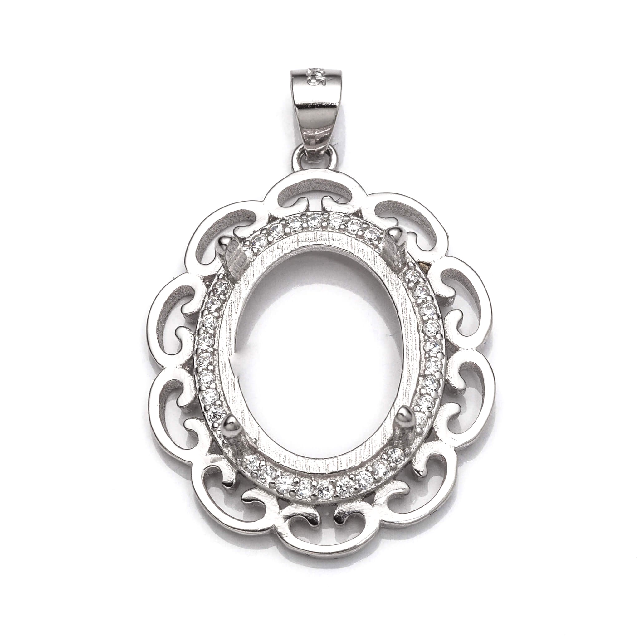 Swirls Pendant with Cubic Zirconia Inlays and Oval Mounting and Bail in Sterling Silver 12x16mm