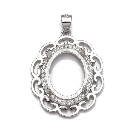 Swirls Pendant with Cubic Zirconia Inlays and Oval Mounting and Bail in Sterling Silver 12x16mm