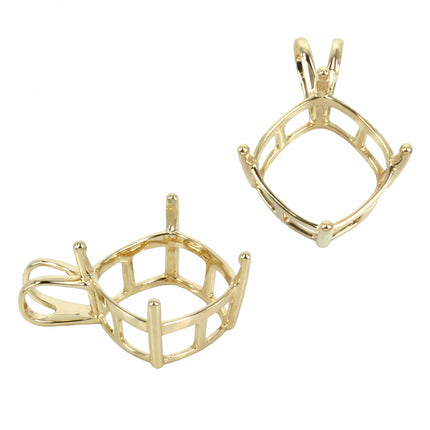 14K Gold Basket Pendant Setting with Square Prongs Mounting including Split Bail Cushions - Various Sizes