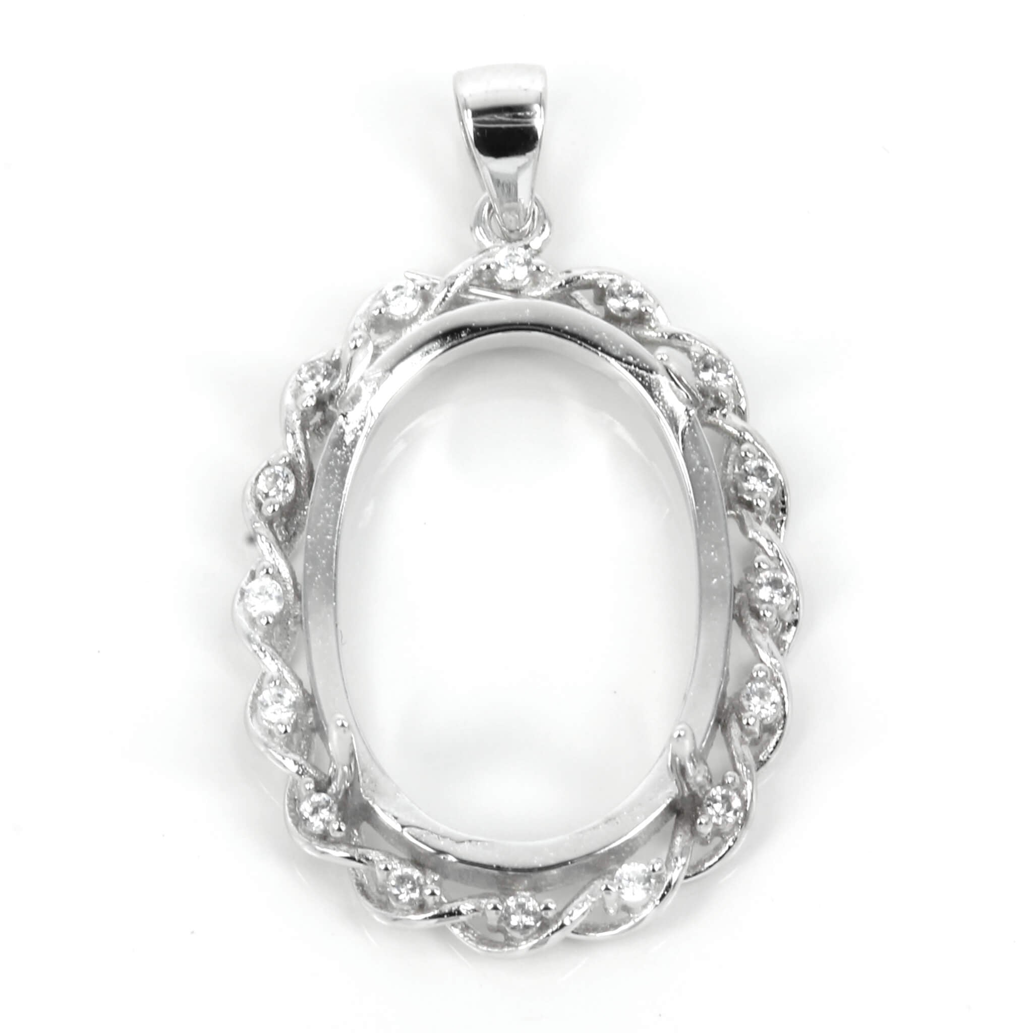 Oval pendant with Cubic Zirconia inlays twist frame and soldered loop and bail in sterling 19x33mm