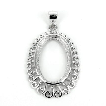 Graduated curlicue framed oval pendant with soldered loop and bail in sterling silver for 12x18mm stones