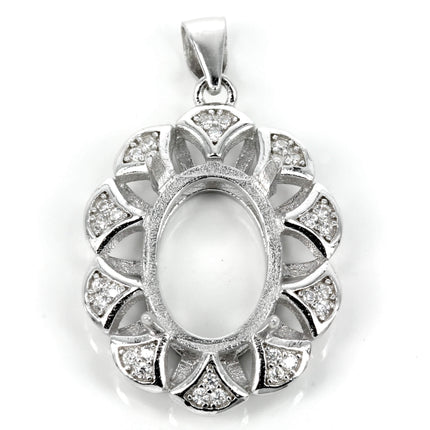 Oval pendant with Cubic Zirconia inlays and soldered loop and bail in sterling silver 18x25mm