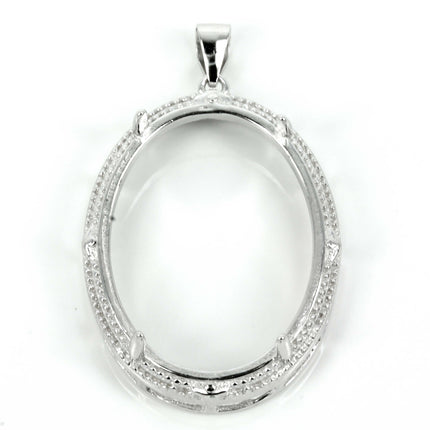 Oval basket-style pendant with milgrain frame and soldered loop and bail in sterling silver for 20x26mm stones