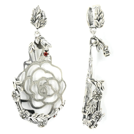 Floral motif pendant and dangle charm with Cubic Zirconias, and loop and leafy bail in sterling silver 20x44mm