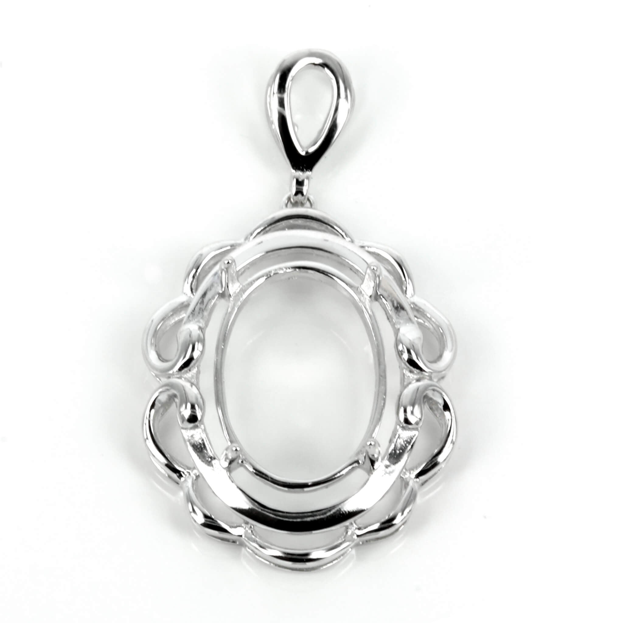 Elegant curve-framed oval pendant with soldered loop and bail in sterling silver 18x30mm