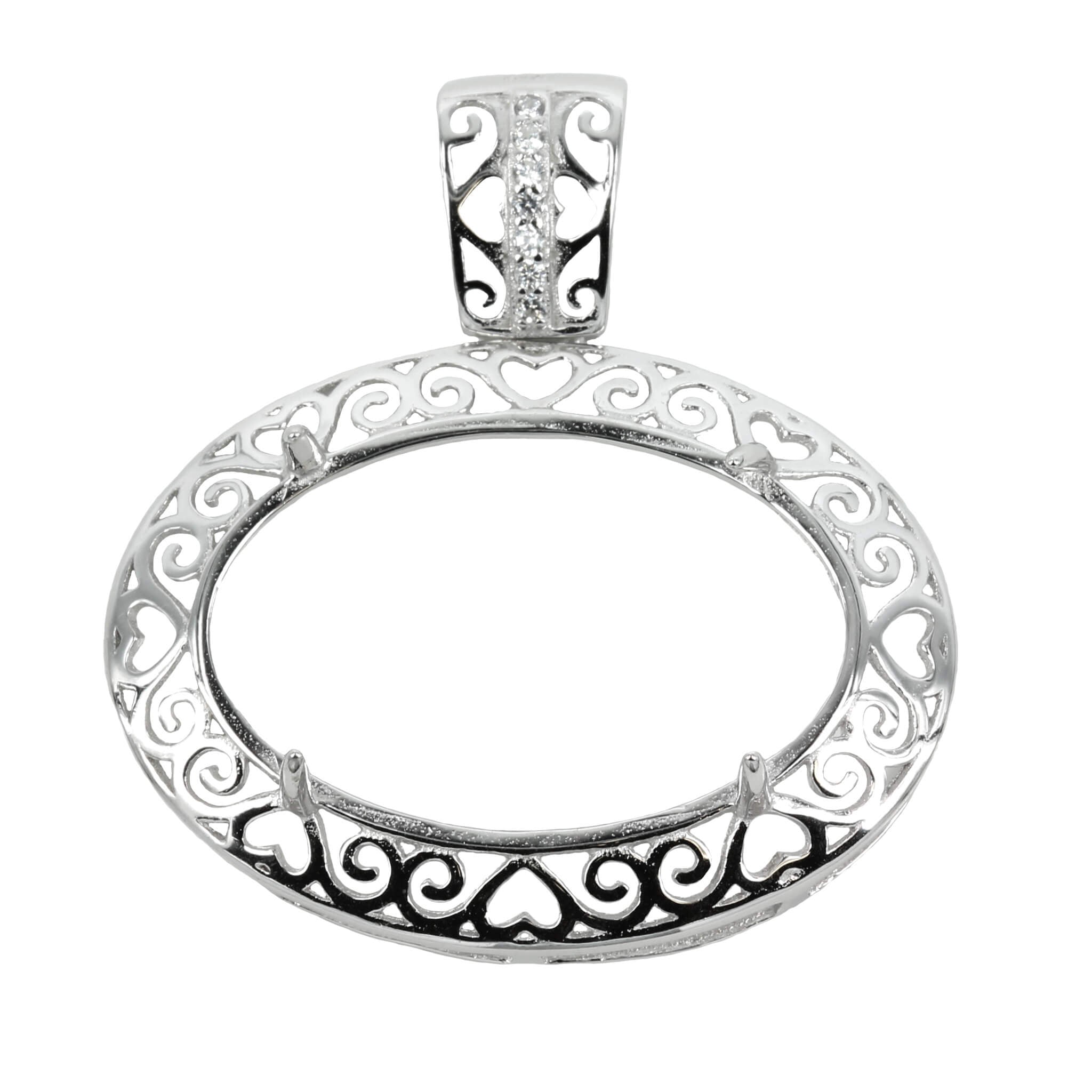 Oval Pendant with Loop and Cubic Zirconias Bail in Sterling Silver 18x26mm