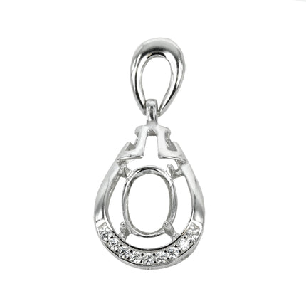 Pear Frame Oval Pendant Set with Cubic Zirconias and Soldered Loop and Bail in Sterling Silver 6x8mm