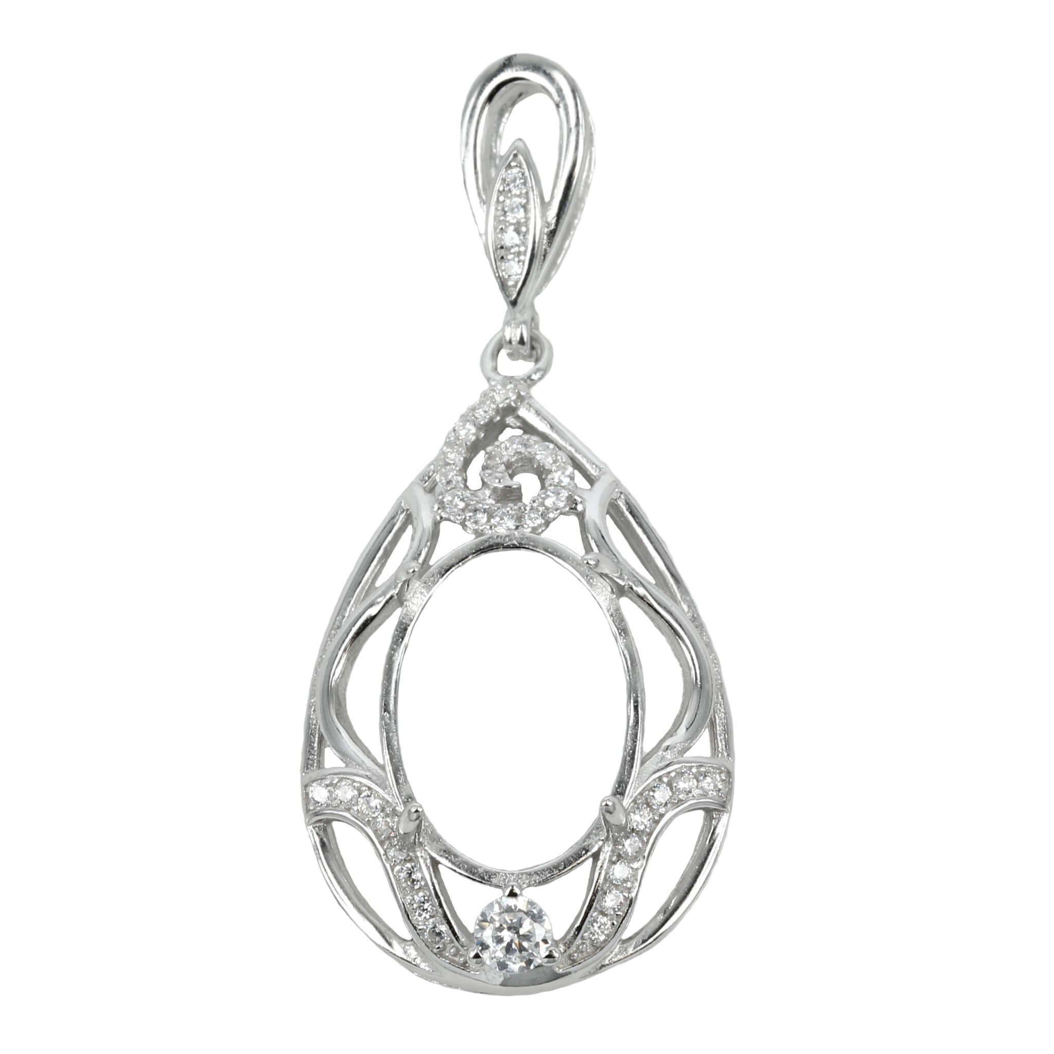 Pear Frame Oval Pendant Set with Cubic Zirconias and Soldered Loop and Bail in Sterling Silver 10x14mm