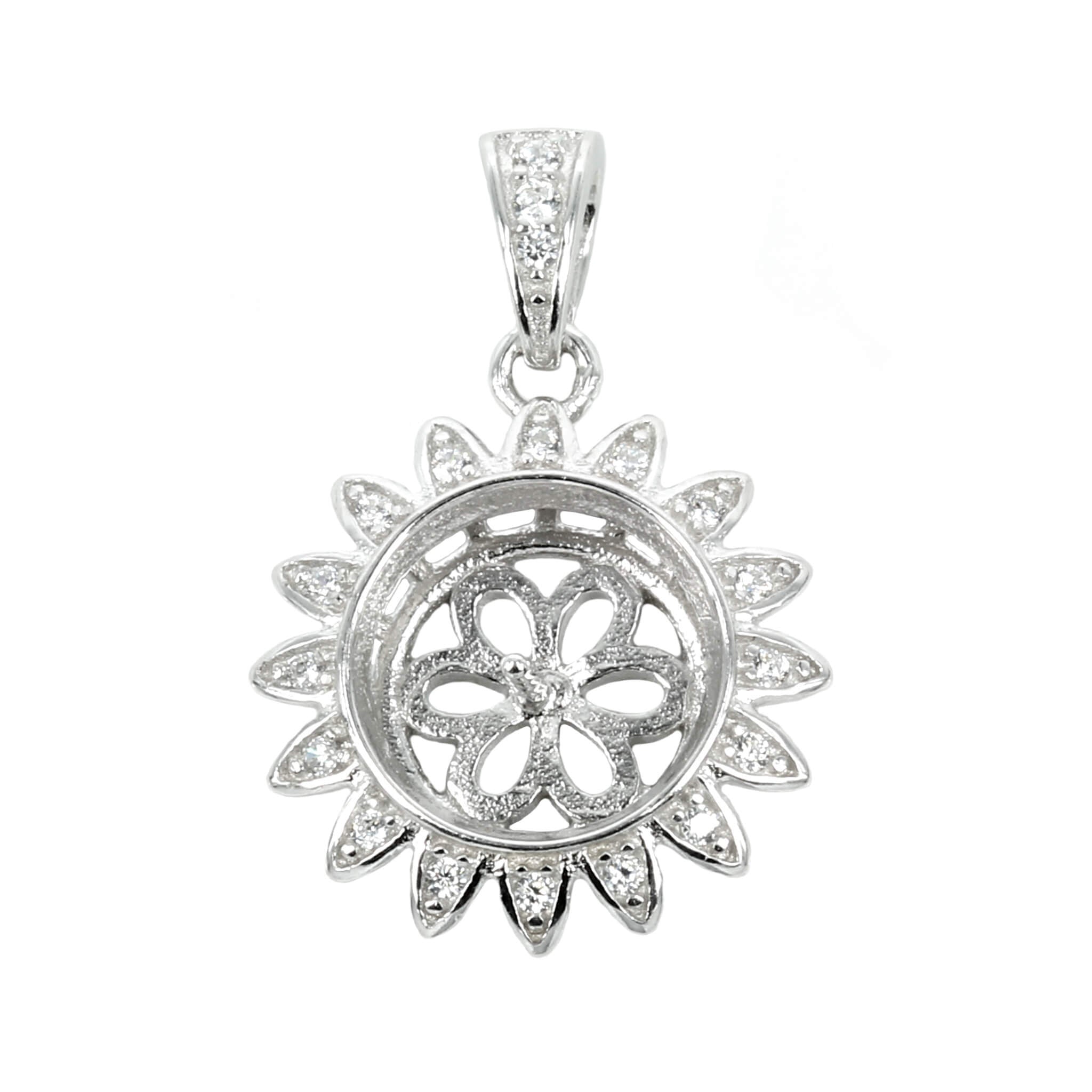 Round Cubic Zirconia Embellished Sunflower Pearl Pendant with Soldered Loop and Bail in Sterling Silver 10mm