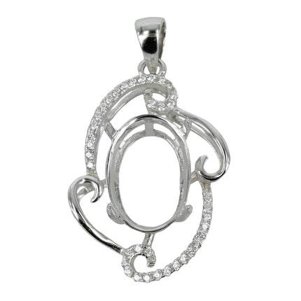 Curlicue-Framed Oval Pendant with Cubic Zirconias and Soldered Loop and Bail in Sterling Silver 10x14mm