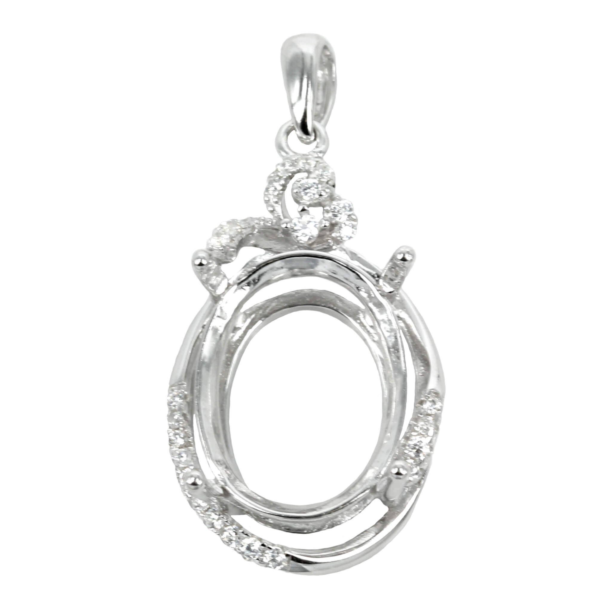 Oval Frame Pendant Set with Cubic Zirconia and Soldered Loop and Bail in Sterling Silver 12x14mm