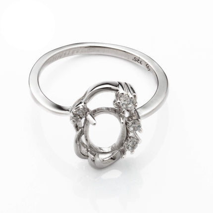 Unique Shape Ring with Cubic Zirconia Inlays and Oval Prongs Mounting in Sterling Silver 6x8mm