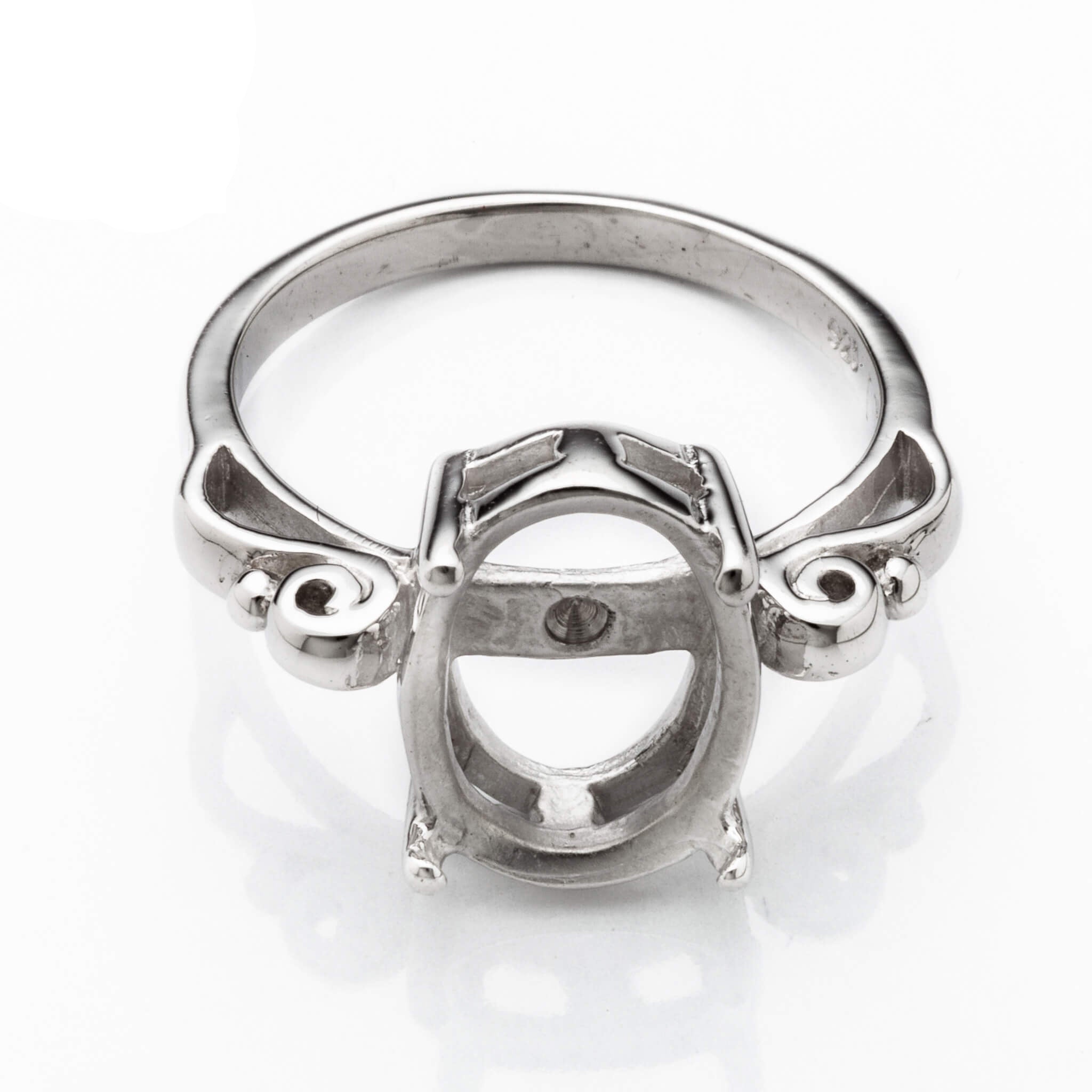 Scroll Ring with Oval Prongs Mounting in Sterling Silver 10x12mm