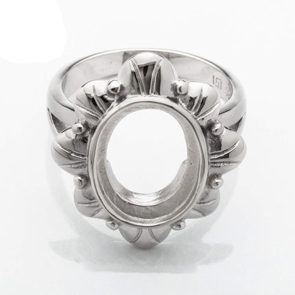 Granular Floral Ring with Oval Bezel Mounting in Sterling Silver 11x15mm