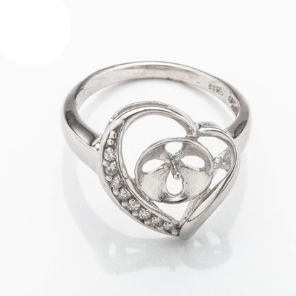 Heart Ring with Cub Zirconia Inlays and Cup and Peg Mounting in Sterling Silver 8mm