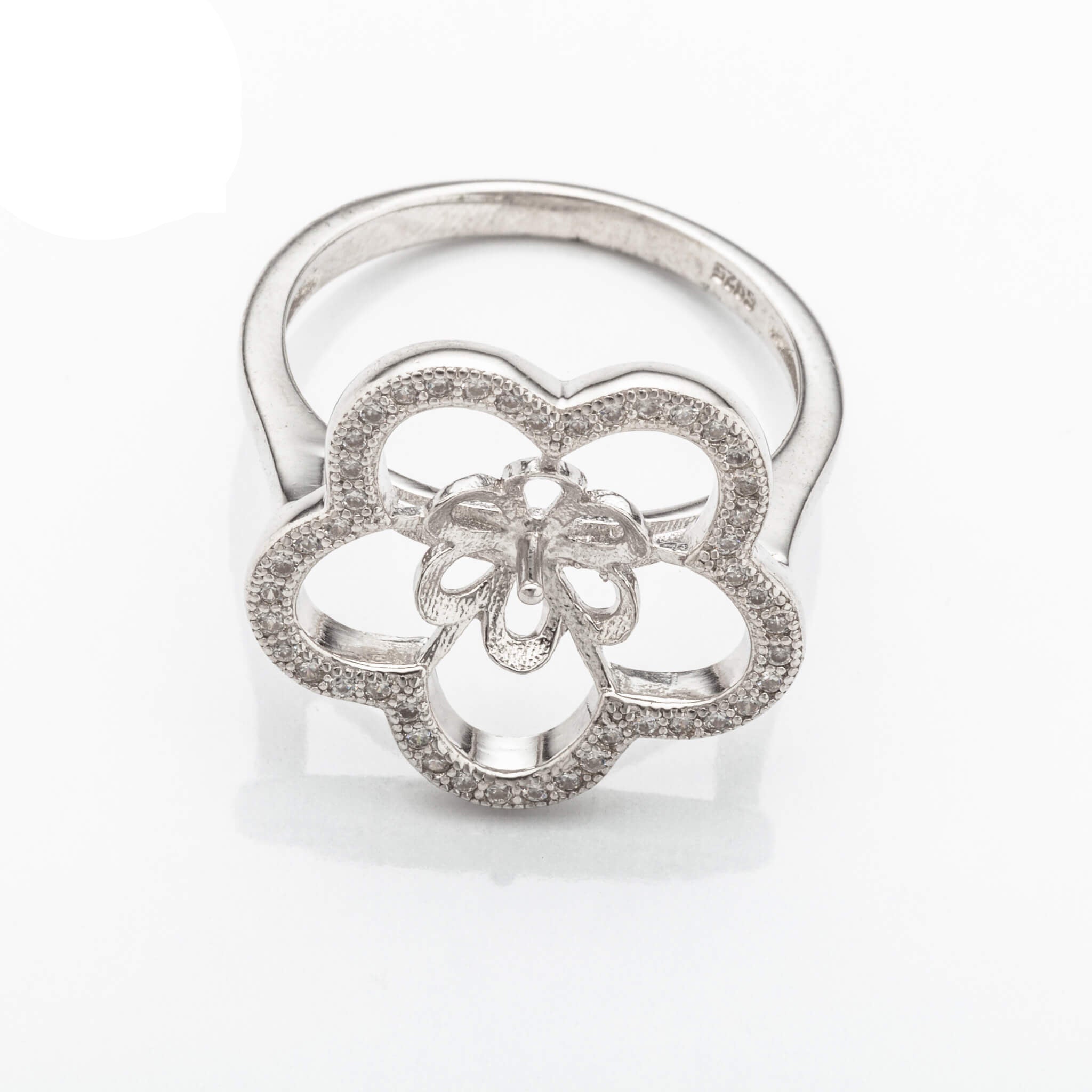 Flower Ring with Cub Zirconia Inlays and Cup and Peg Mounting in Sterling Silver 9mm