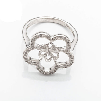 Flower Ring with Cub Zirconia Inlays and Cup and Peg Mounting in Sterling Silver 9mm