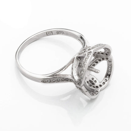 Floral Ring with Cubic Zirconia Inlays and Cup and Peg Mounting in Sterling Silver 10mm