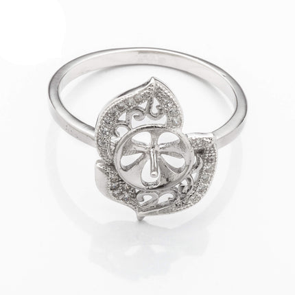 Leaf Swirl Ring with Cubic Zirconia Inlays and Cup and Peg Mounting in Sterling Silver 8mm