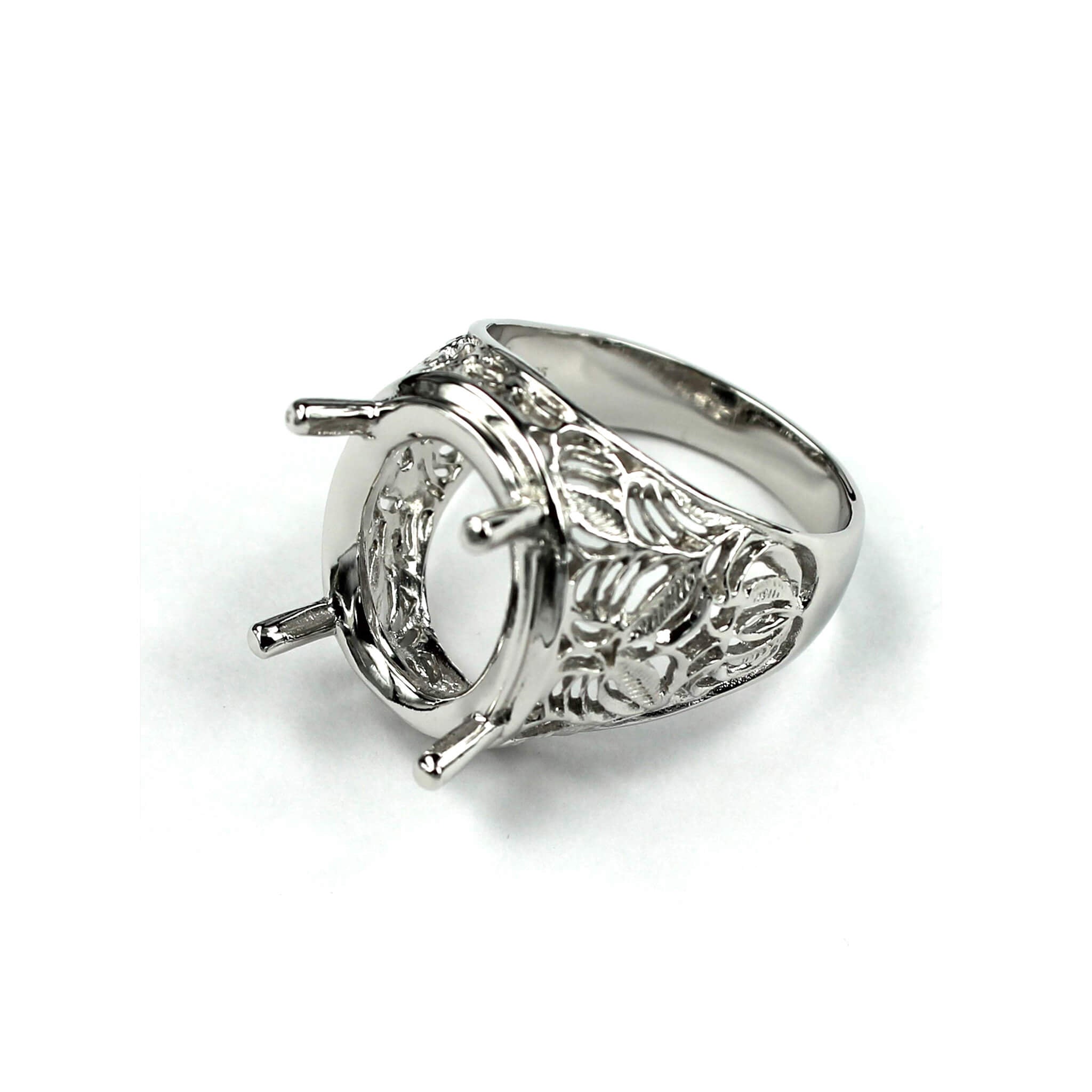 Hollow Leaves Ring with Oval Prongs Mounting in Sterling Silver 15x19mm