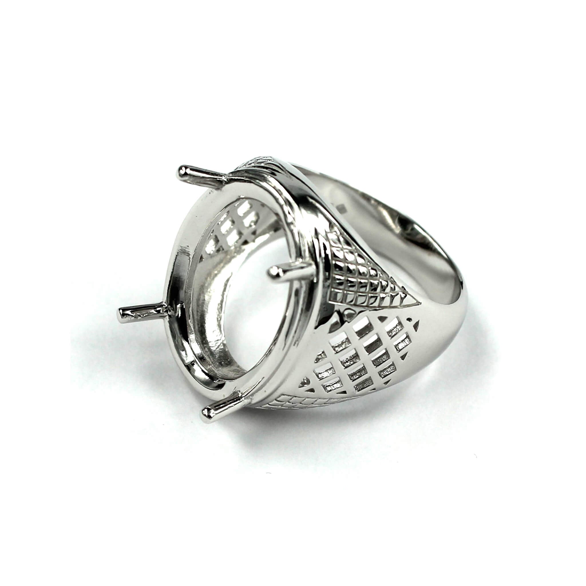 Hollow Mesh Ring with Oval Prongs Mounting in Sterling Silver 17x23mm