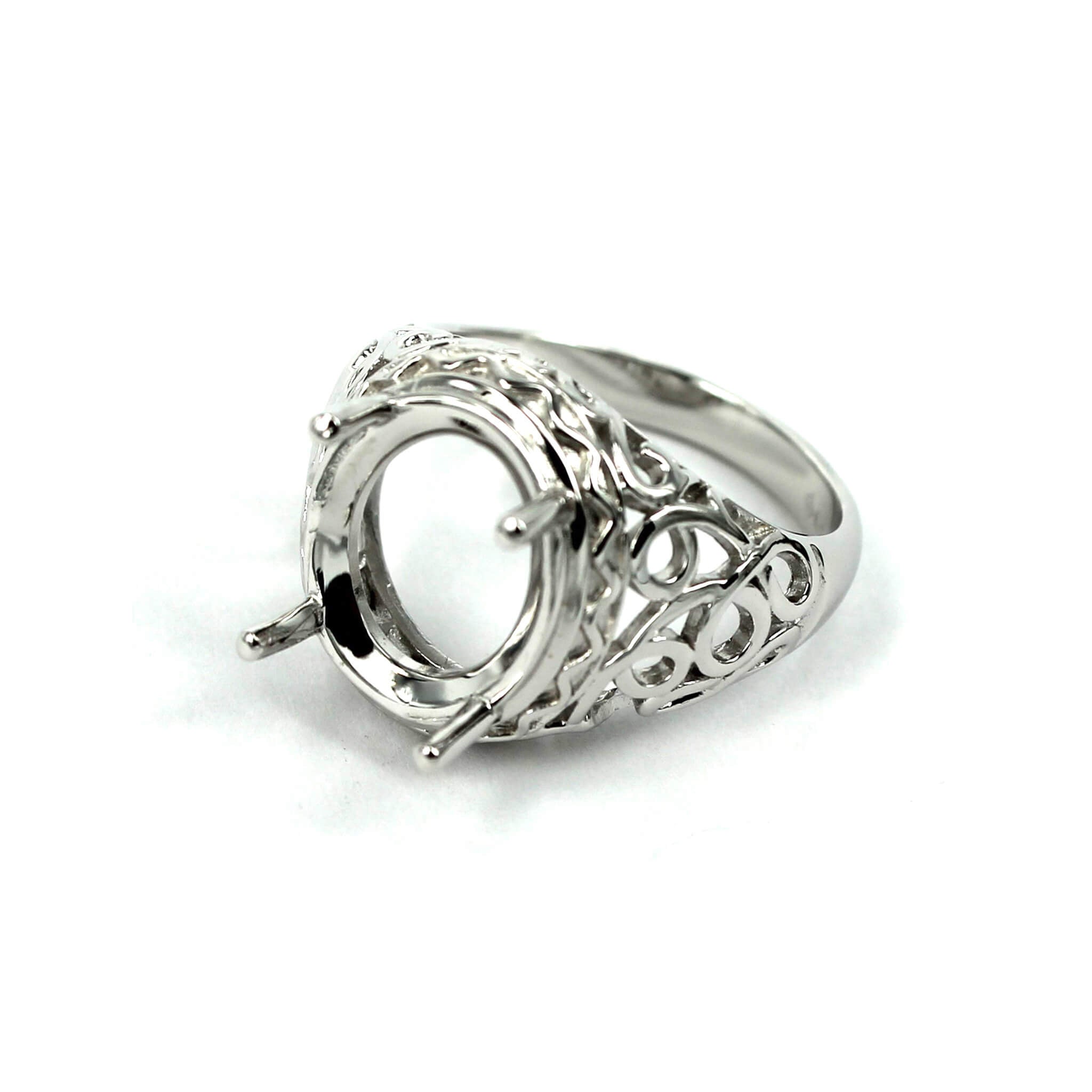 Hollow Swirls Ring with Oval Prongs Mounting in Sterling Silver 13x15mm