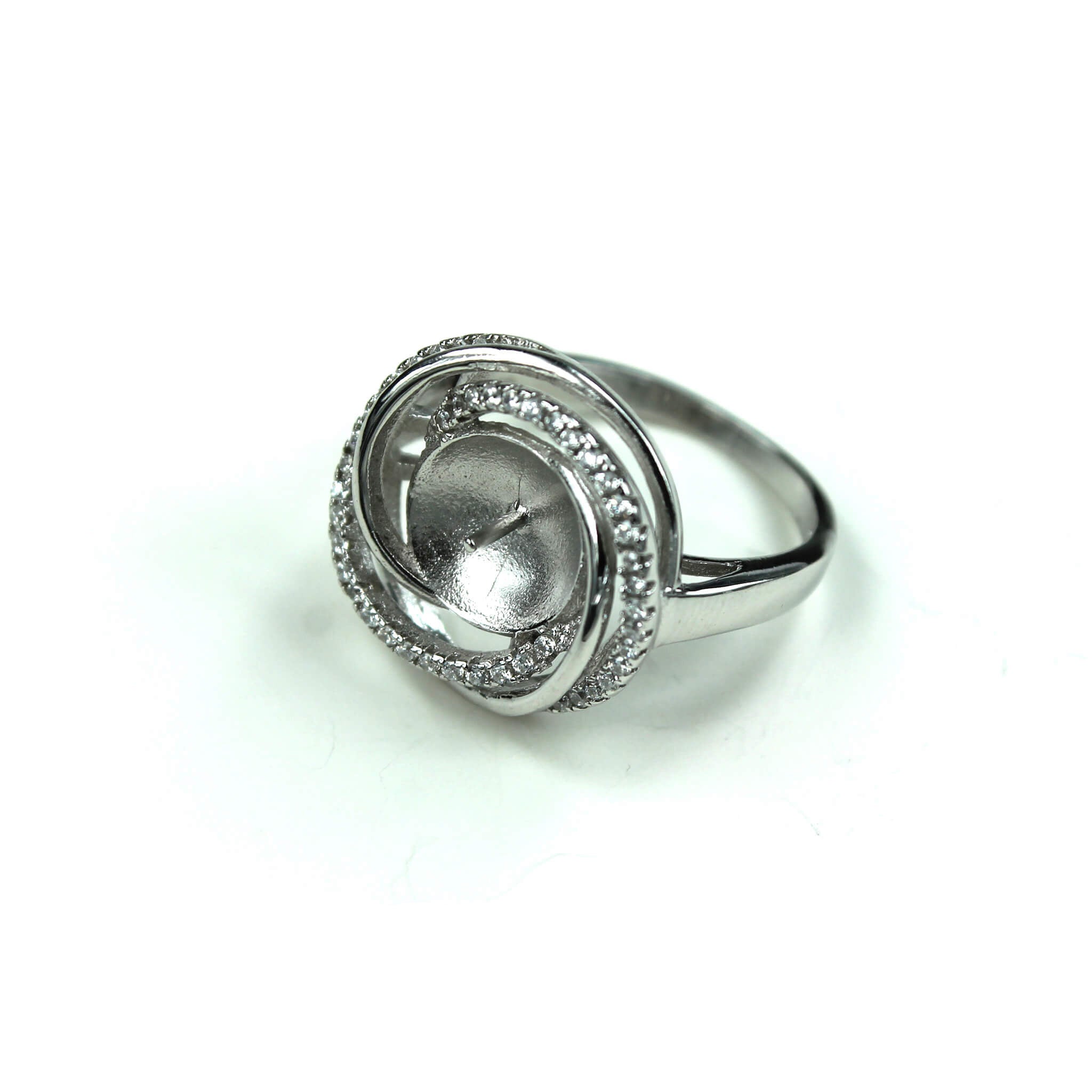 Swirl Ring with Cubic Zirconia Inlays and Cup and Peg Mounting in Sterling Silver 10mm