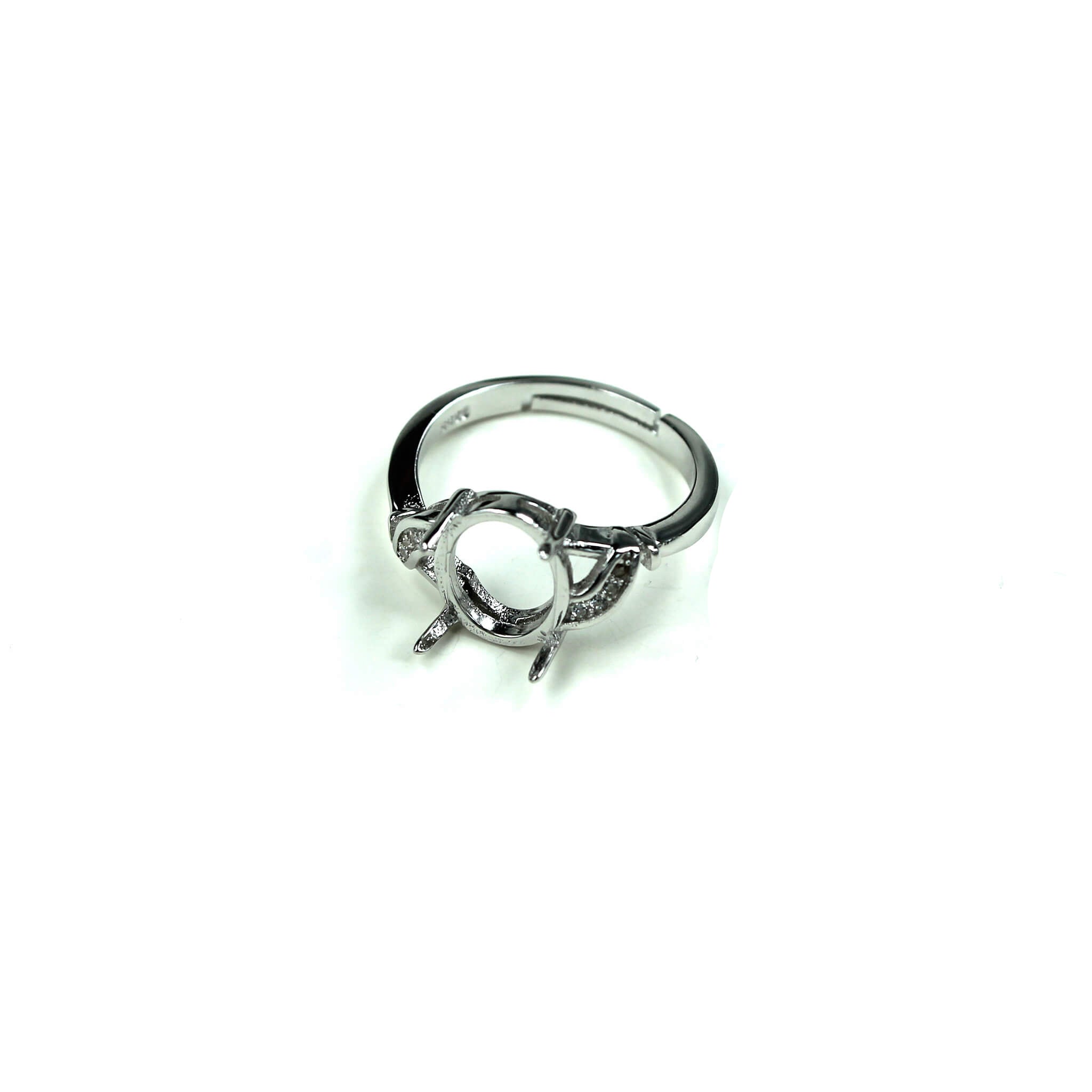 Curved Ring with Cubic Zirconia Inlays and Oval Prongs Mounting in Sterling Silver 8x9mm