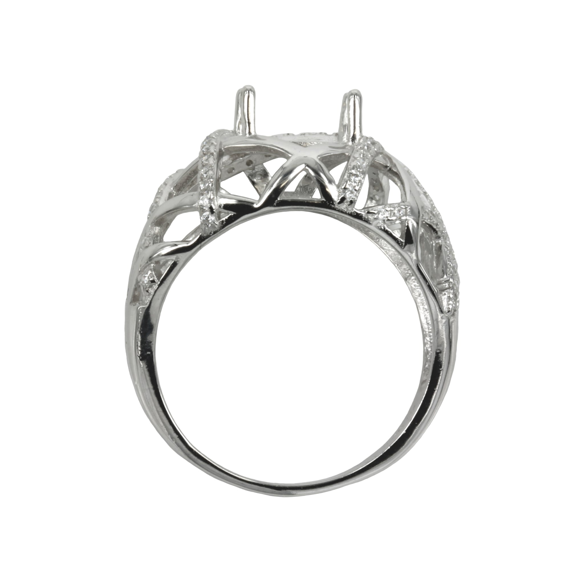 Patterned Ring Setting with CZ's and Round Prongs Mounting in Sterling Silver 9mm