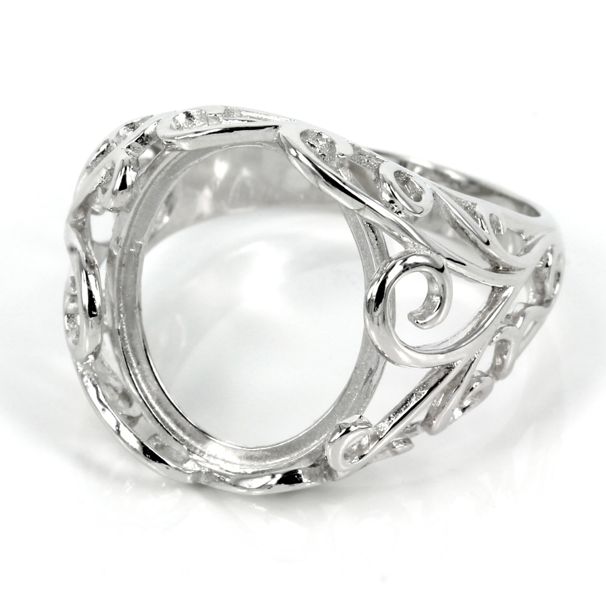 Filigree Style Ring Setting with Oval Bezel Mounting in Sterling Silver 13x15mm