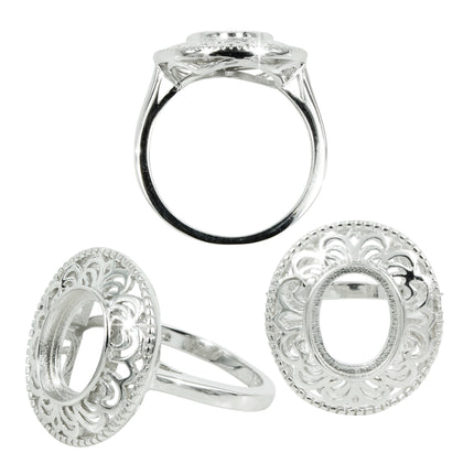 Rococo Filigree Halo Ring Setting with Oval Bezel Mounting in Sterling Silver 8x10mm