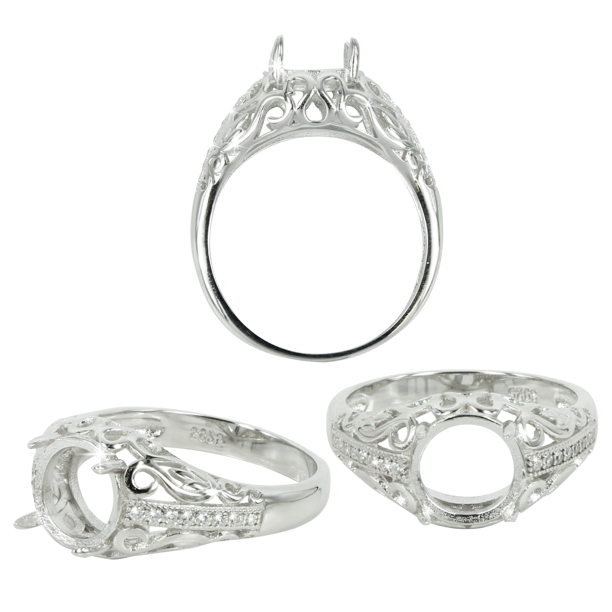 Filigree Gallery Ring with CZ's in Sterling Silver for 8mm Round Stones