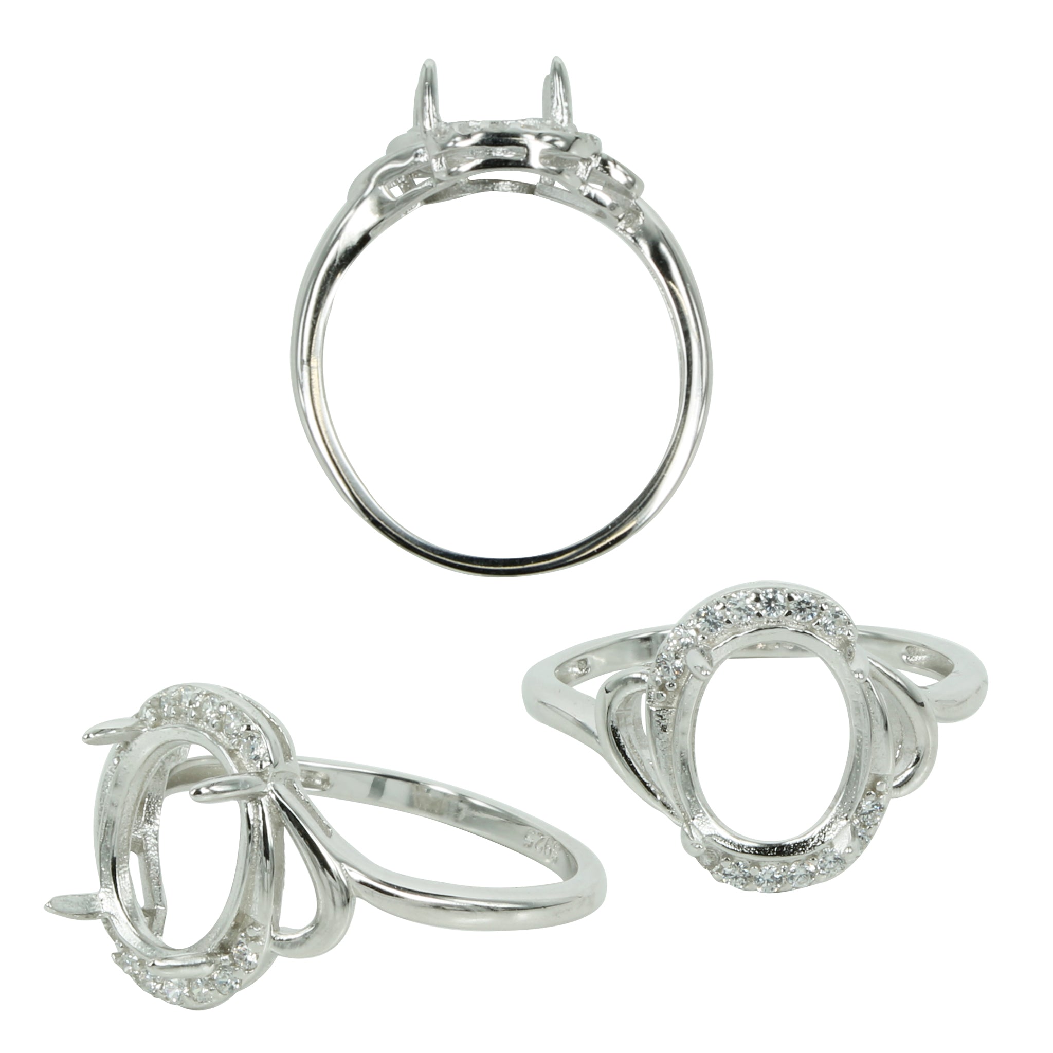 Flourish & CZ Accents Ring in Sterling Silver for 8x10mm Oval Stones