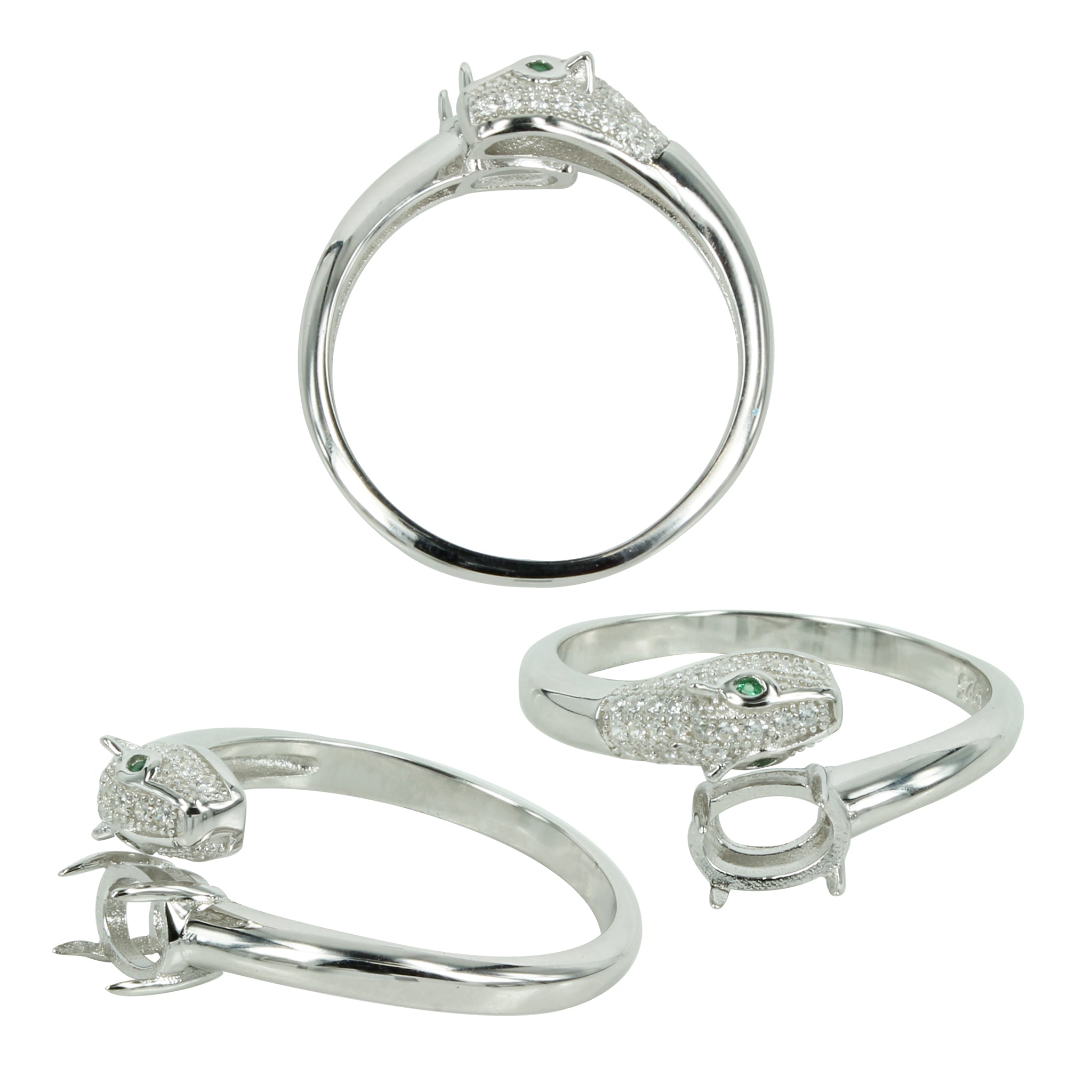 Pavé Jaguar Crossover Ring in Sterling Silver for 4x6mm Oval Stones