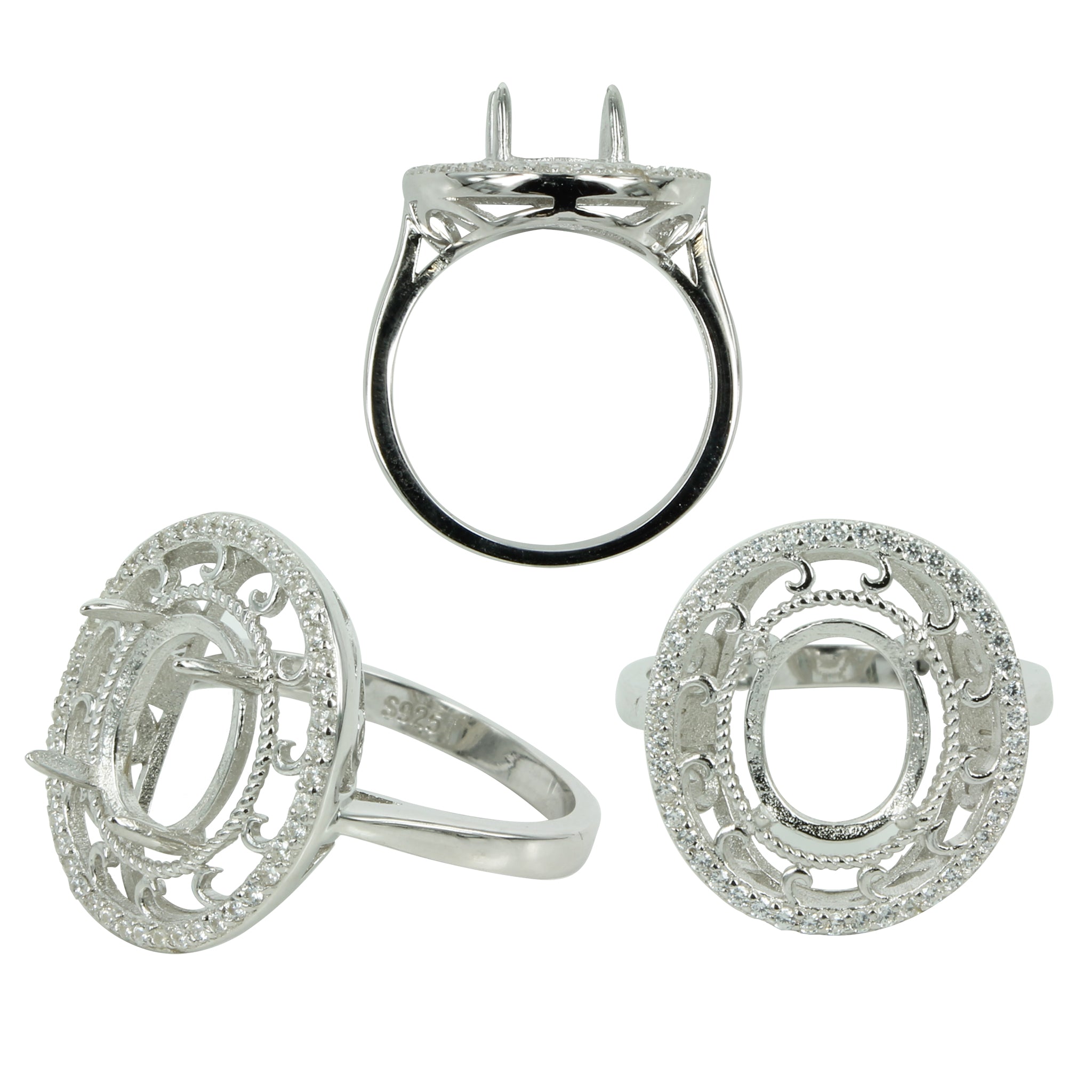 Waves & CZ's Halo Ring Setting with Oval Prongs Mounting in Sterling Silver 8x10mm
